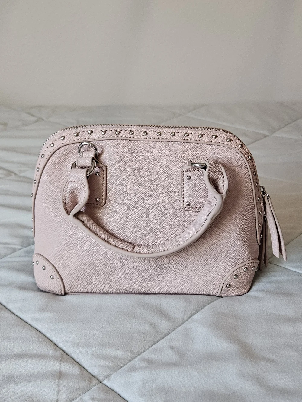 Expressions Pale Pink Leather-Trim Polka Dot Tote